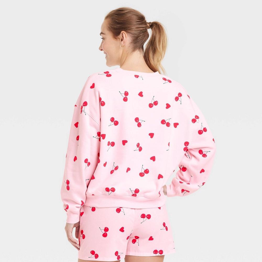 Women's Valentine's Day Cherry Hearts Printed Graphic Sweatshirt - Pink Product Image