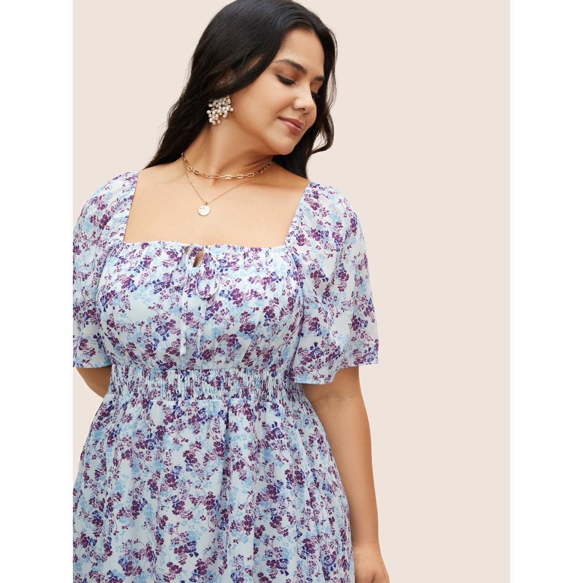 Plus Size Chiffon Ditsy Floral Tie Knot Raglan Sleeve Dress Purple Women Elegant Tie knot Square Neck Cap Sleeve Curvy BloomChic 14-16/1X Product Image