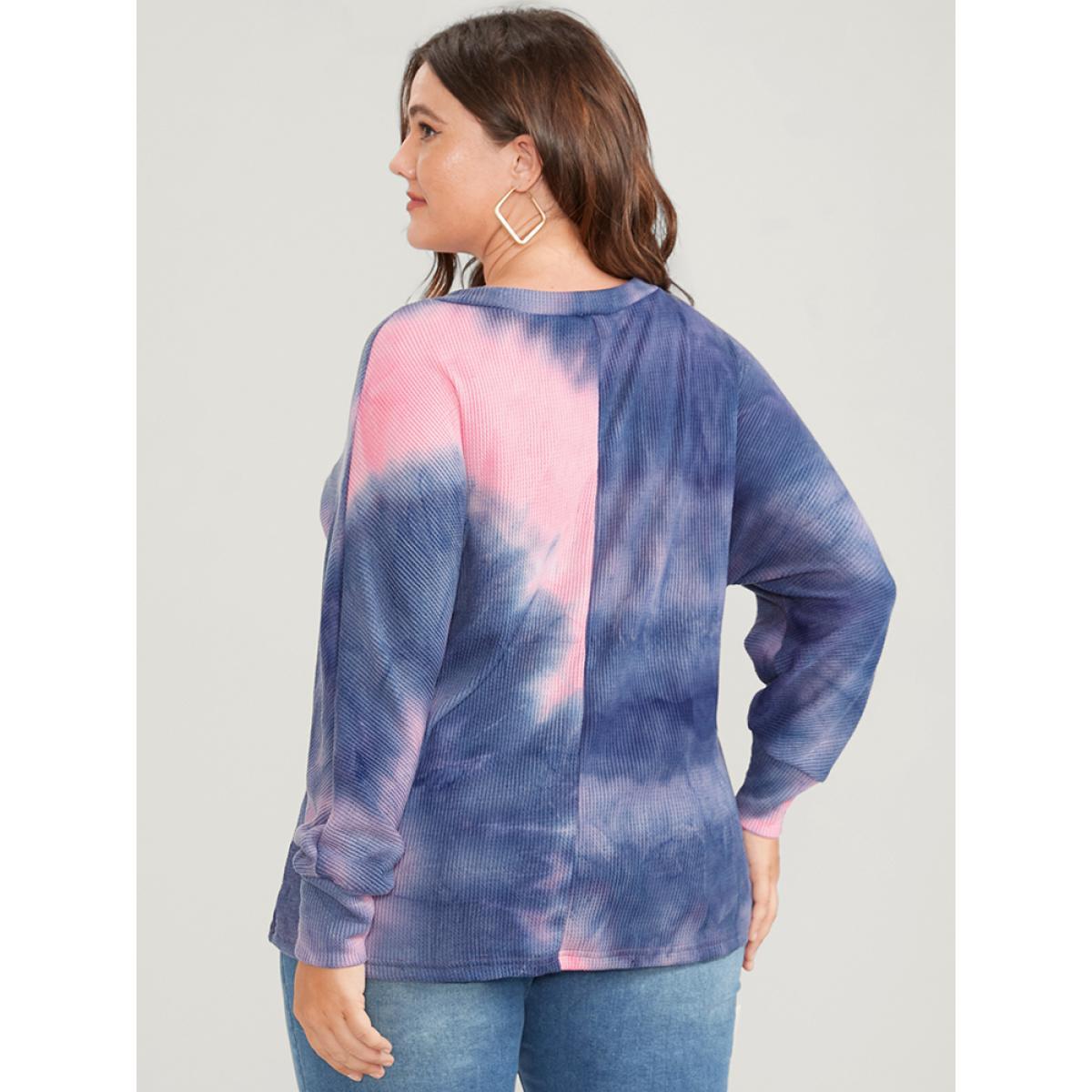 Plus Size Tie Dye Dolman Sleeve Waffle Knit Drop Shoulder Sweatshirt Women Indigo Casual Tie Dye Loose V-neck Dailywear Sweatshirts BloomChic 28/5X Product Image