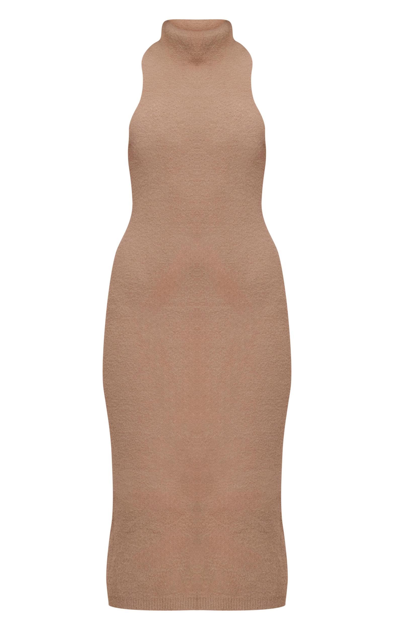 Taupe Funnel Neck Super Soft Knit Midi Dress Product Image