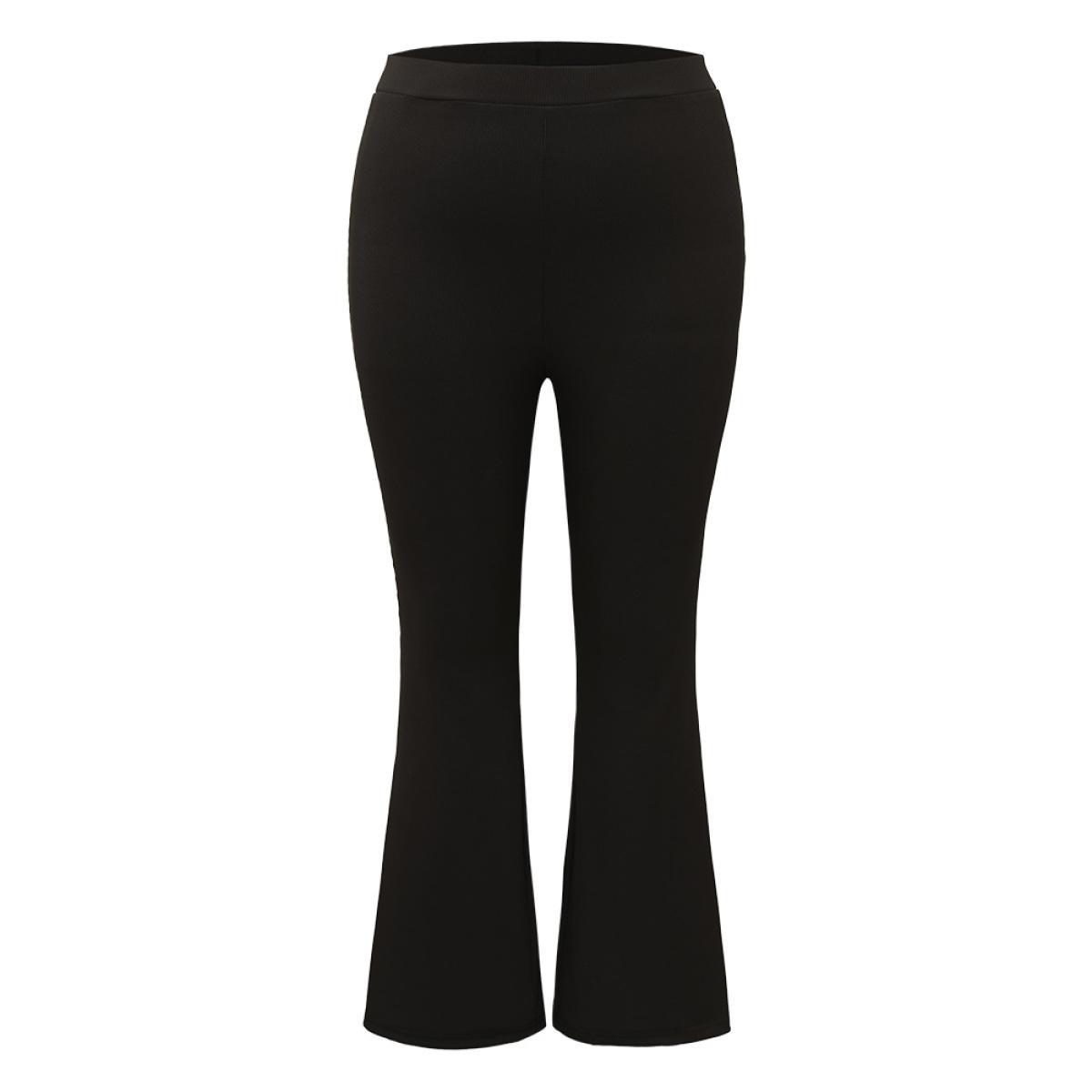 Plus Size Plain Rib Knit Flare Leg Legging Women Black Casual High stretch Flare Leg High Rise Dailywear Leggings BloomChic 26/4X Product Image