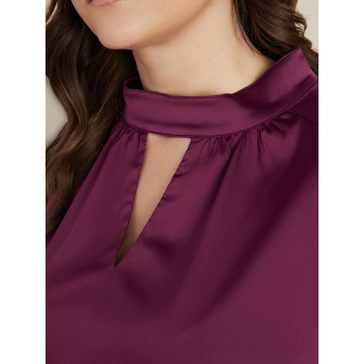 Plus Size Solid Pocket Keyhole Mock Neck Satin Midi Dress RedViolet Women Party Pocket Mock Neck Long Sleeve Curvy Midi Dress BloomChic 12/L Product Image