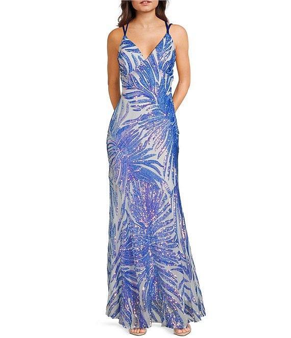 Morgan & Co. Pattern Sequin Cage Back Long Dress Product Image
