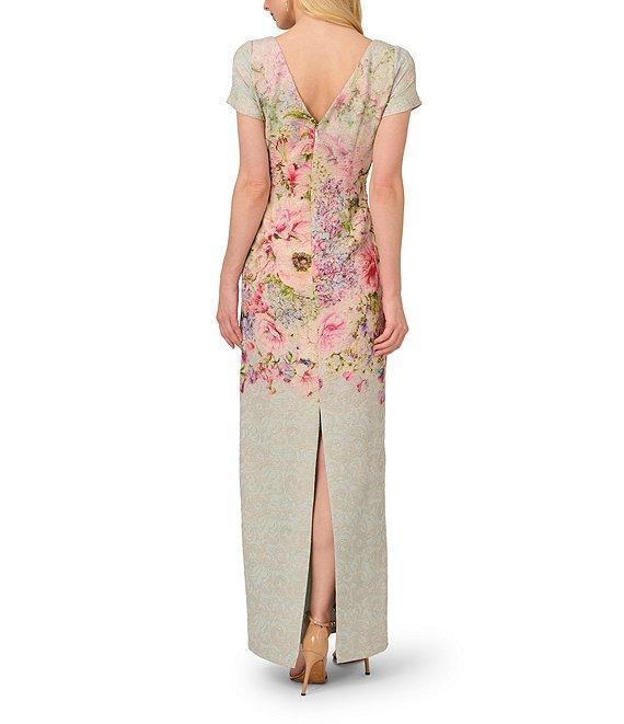 Adrianna Papell Jacquard Floral Print Crew Neck Short Sleeve Sheath Gown Product Image
