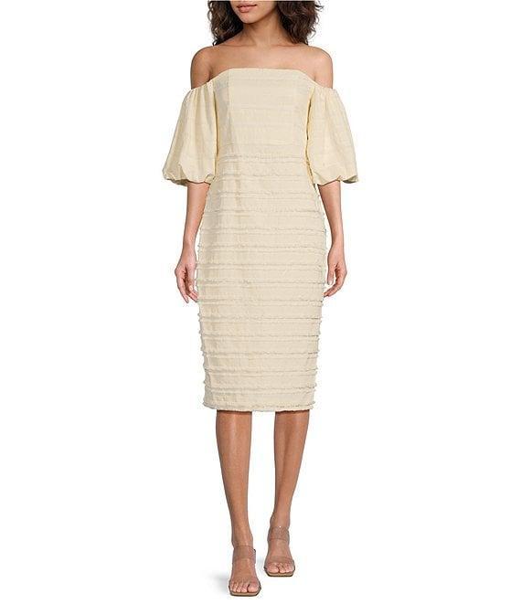 Belle by Badgley Mischka Cala Fringed Linen Off-The-Shoulder Puff Sleeve Midi Dress Product Image