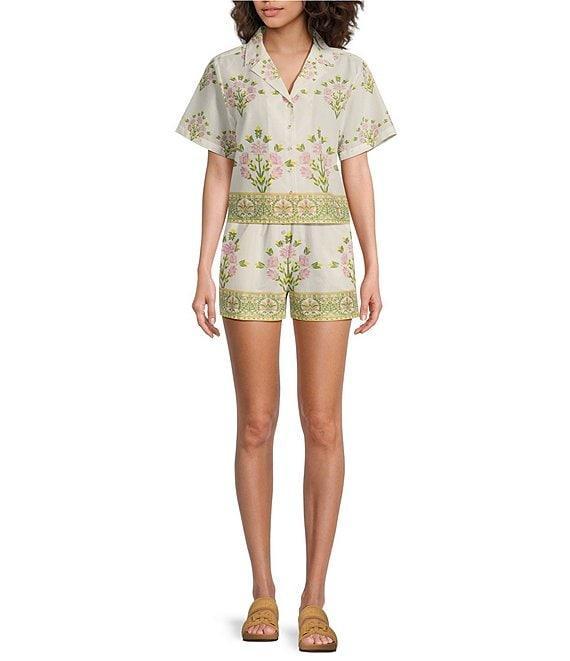 A Loves A Woven Floral Notch Lapel Button Front Short Sleeve Cropped Coordinating Camp Shirt Product Image