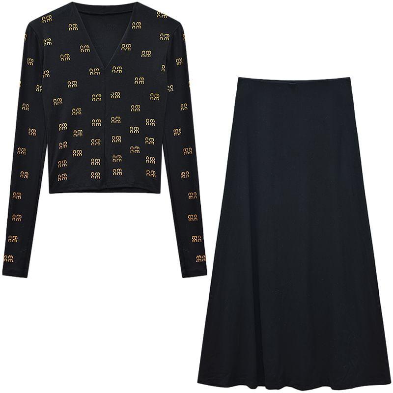 Long-Sleeve V-Neck Rhinestone Top / High Rise Midi Mermaid Skirt / Fluffy Jacket / Belt Product Image