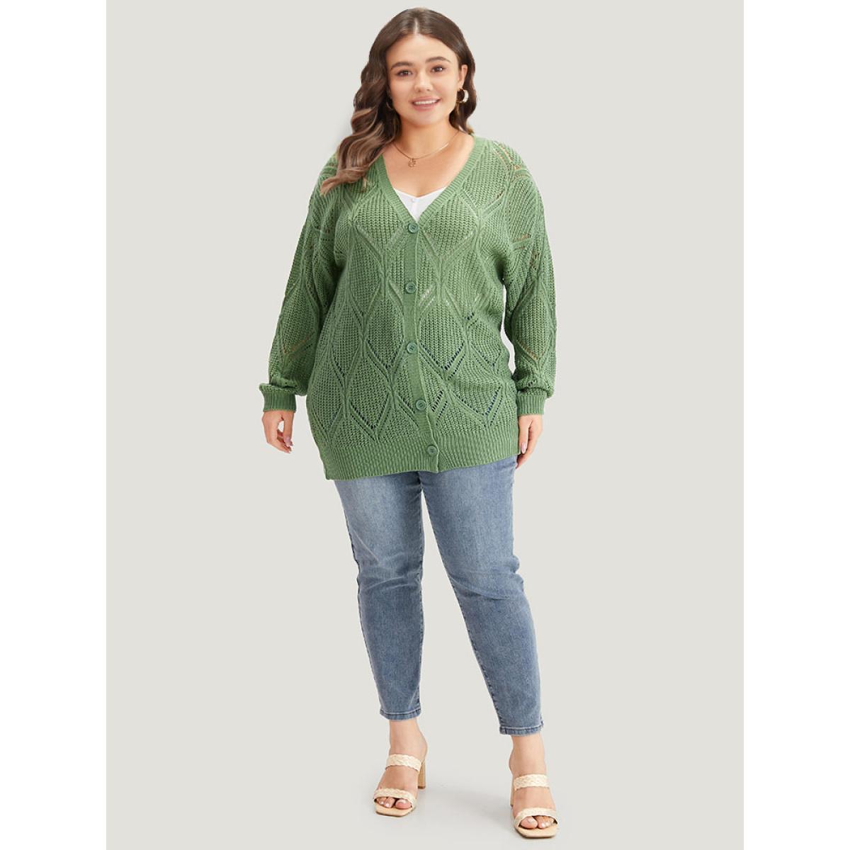 Plus Size Geo Plisse Button Through Elastic Cuffs Cardigan Green Women Casual Loose Long Sleeve Everyday Cardigans BloomChic 22-24/3X Product Image