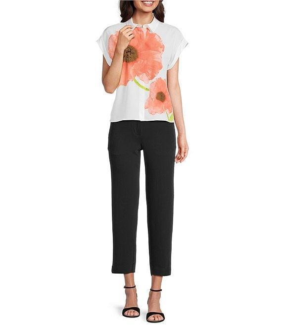KARL LAGERFELD PARIS Silky Crepe Placed Floral Print Point Short Sleeve Shirt Product Image