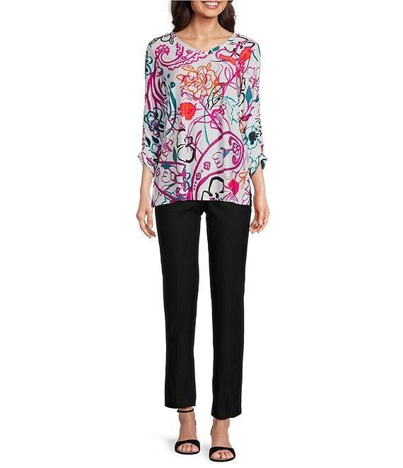 Ali Miles Abstract Floral V-Neck 3/4 Cinch Sleeve Tunic Product Image