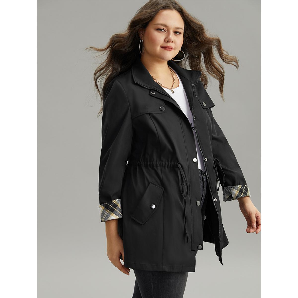 Plus Size Wind-Resistant Plaid Patchwork Drawstring Zipper Coat Women Black Contrast Pocket Dailywear Jackets BloomChic 26/4X Product Image