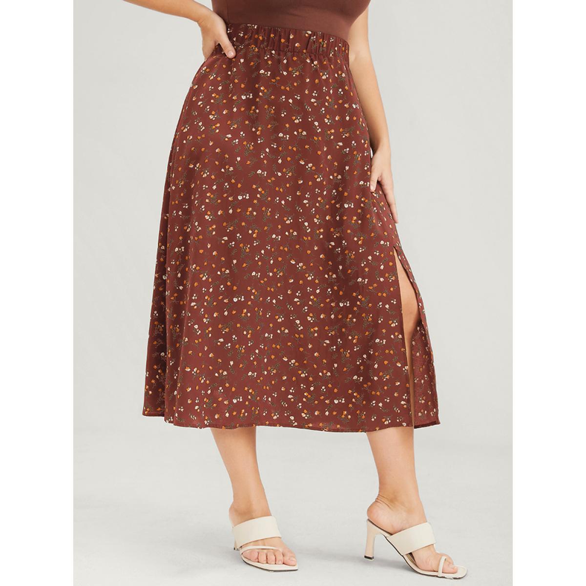 Plus Size Elastic Waist Ditsy Floral Split Skirt Women Chocolate Elegant Printed No stretch Dailywear Skirts BloomChic 26/4X Product Image