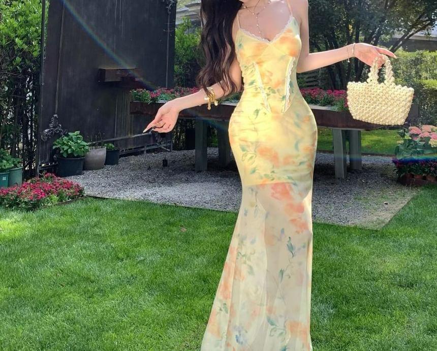 Spaghetti Strap V-Neck Floral Print Maxi Dress Product Image