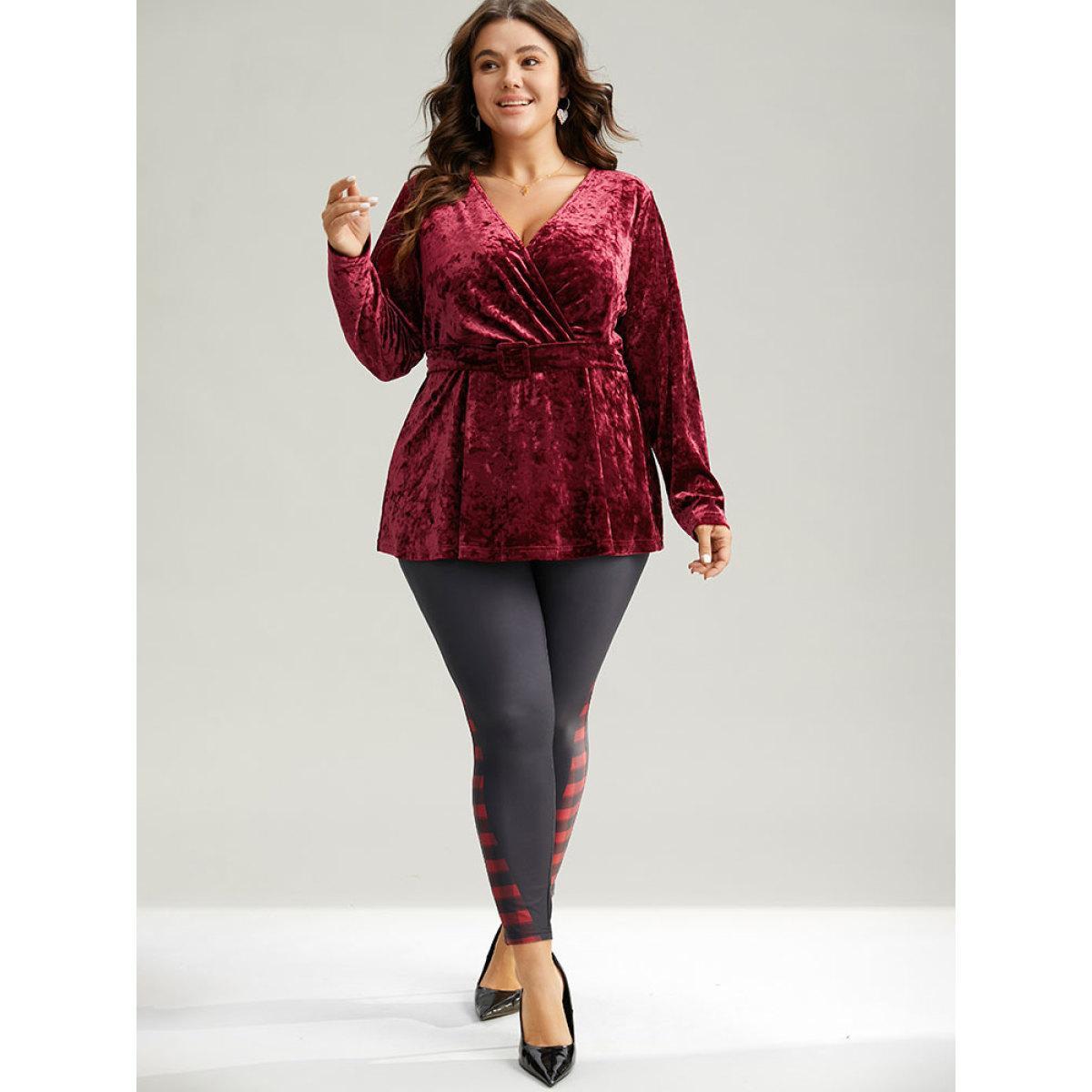 Plus Size Scarlet Velvet Overlap Collar Elastic Waist Buckle Detail Blouse Women Glamour Long Sleeve Overlap Collar Festival-Christmas Blouses BloomChic 30/6X Product Image