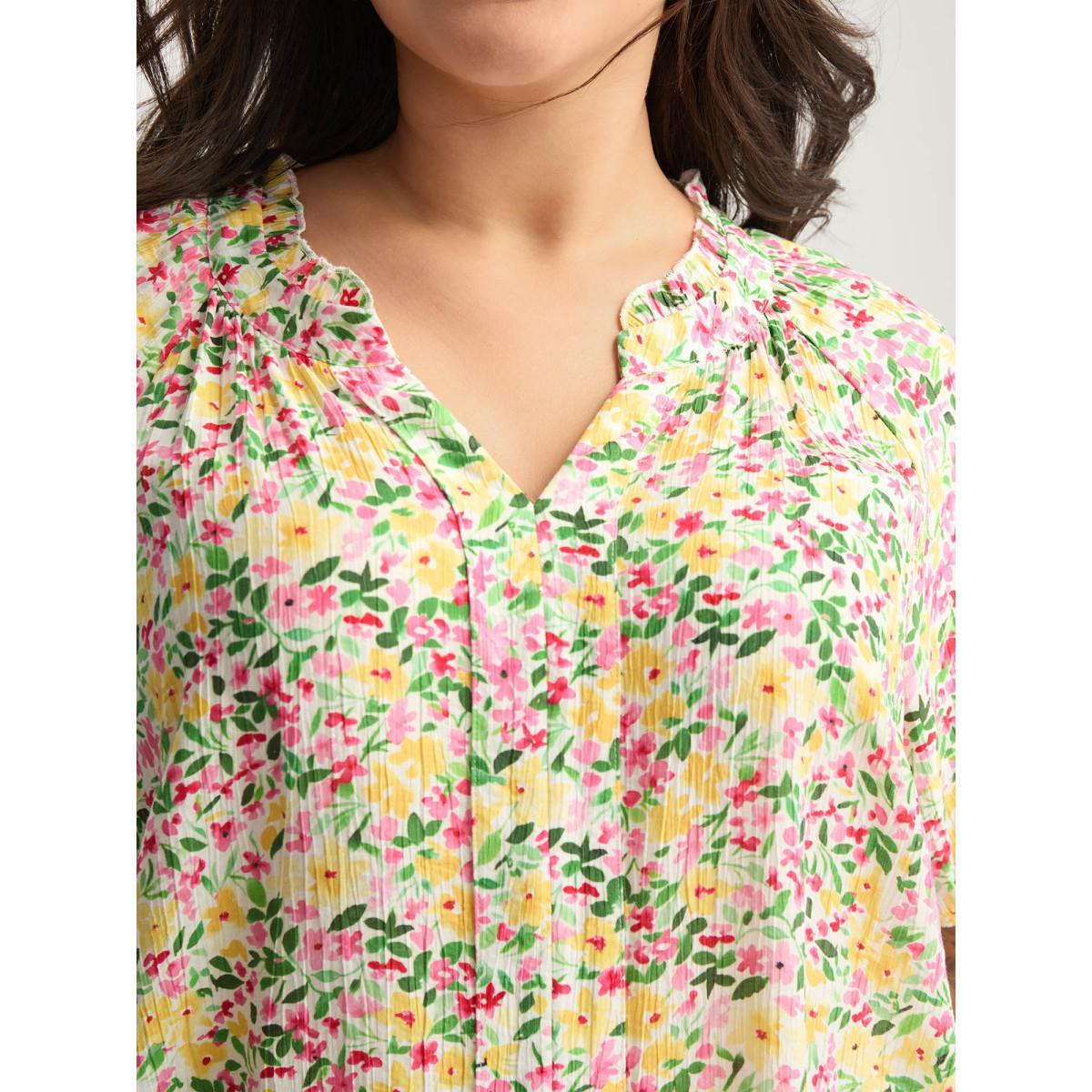 Plus Size Multicolor Floral Print Puff Sleeve Flowy Blouse Women Short sleeve Flat collar with V-notch Everyday-Elegant Blouses BloomChic 22-24/3X Product Image