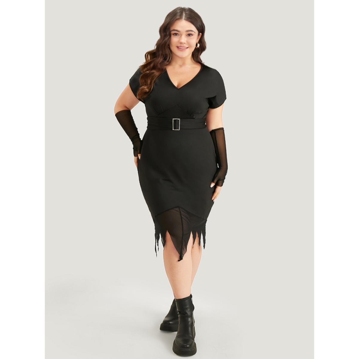 Plus Size Halloween Solid Mermaid Hem Mesh Bowknot Dress Black Women Casual Plain V-neck Sleeveless Curvy Knee Dress BloomChic 18-20/2X Product Image