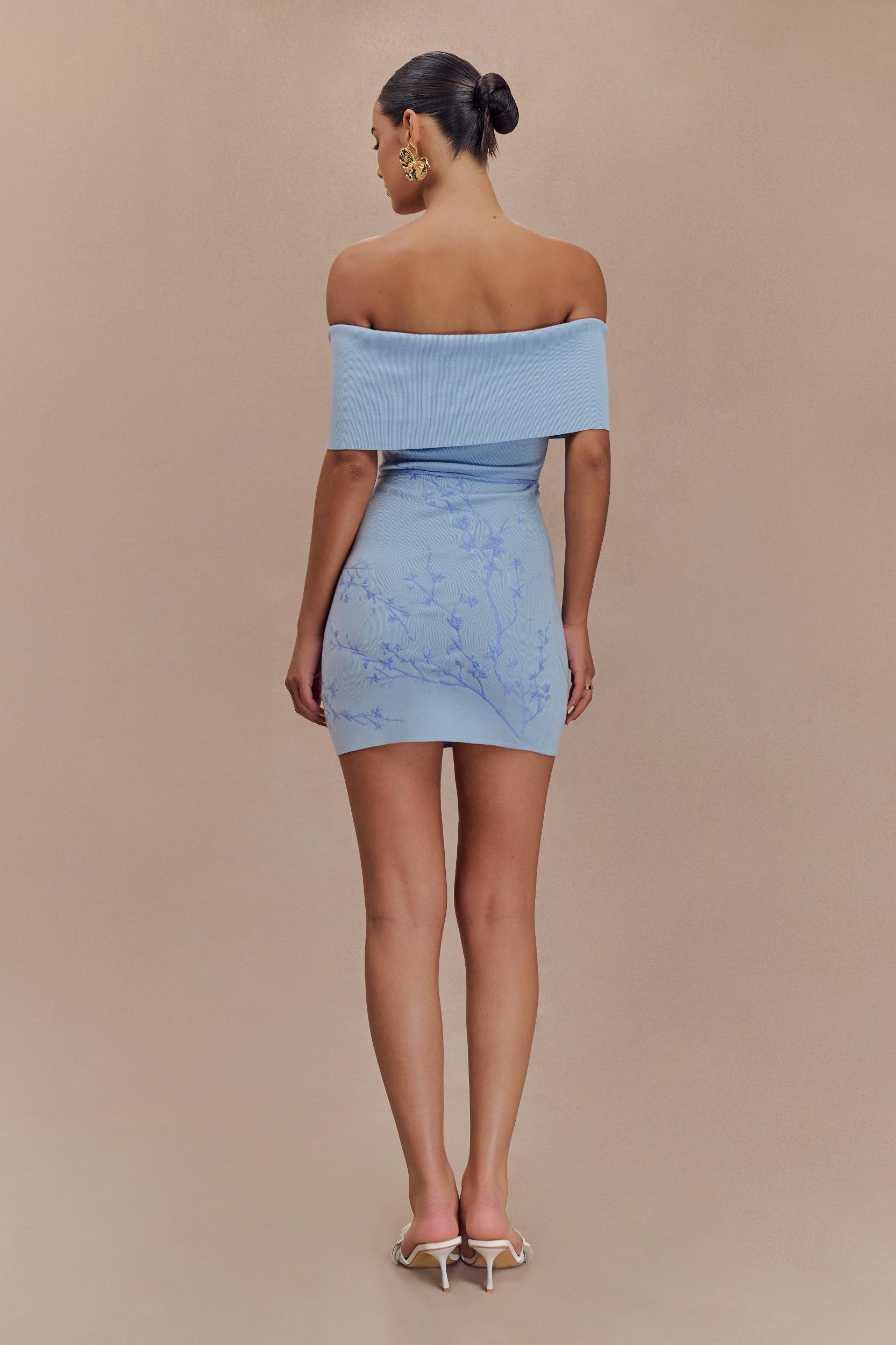Mallory Off Shoulder Embroidered Knit Mini Dress - Ice Blue Product Image