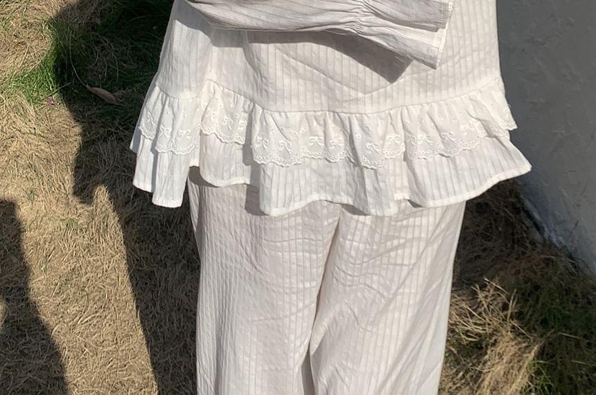 Long-Sleeve Lace Trim Pajama Dress Product Image