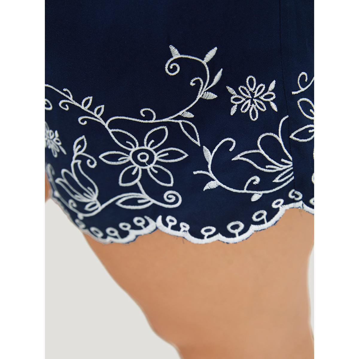 Plus Size Floral Embroidered Pocket Knotted Lettuce Trim Shorts Women Indigo Vacation Knotted Dailywear Shorts BloomChic 14-16/1X Product Image