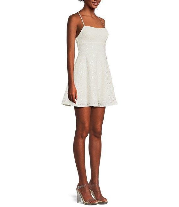 Honey and Rosie Embroidered Sequin Square Neck Spaghetti Strap Criss Cross Back Fit & Flare Dress Product Image