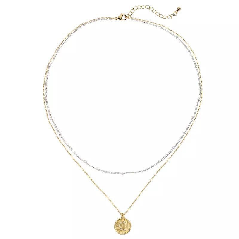 City Luxe Two Tone Layered Initial Disc Necklace with Cubic Zirconia, Women's, Size: 18", Two Tone S Product Image