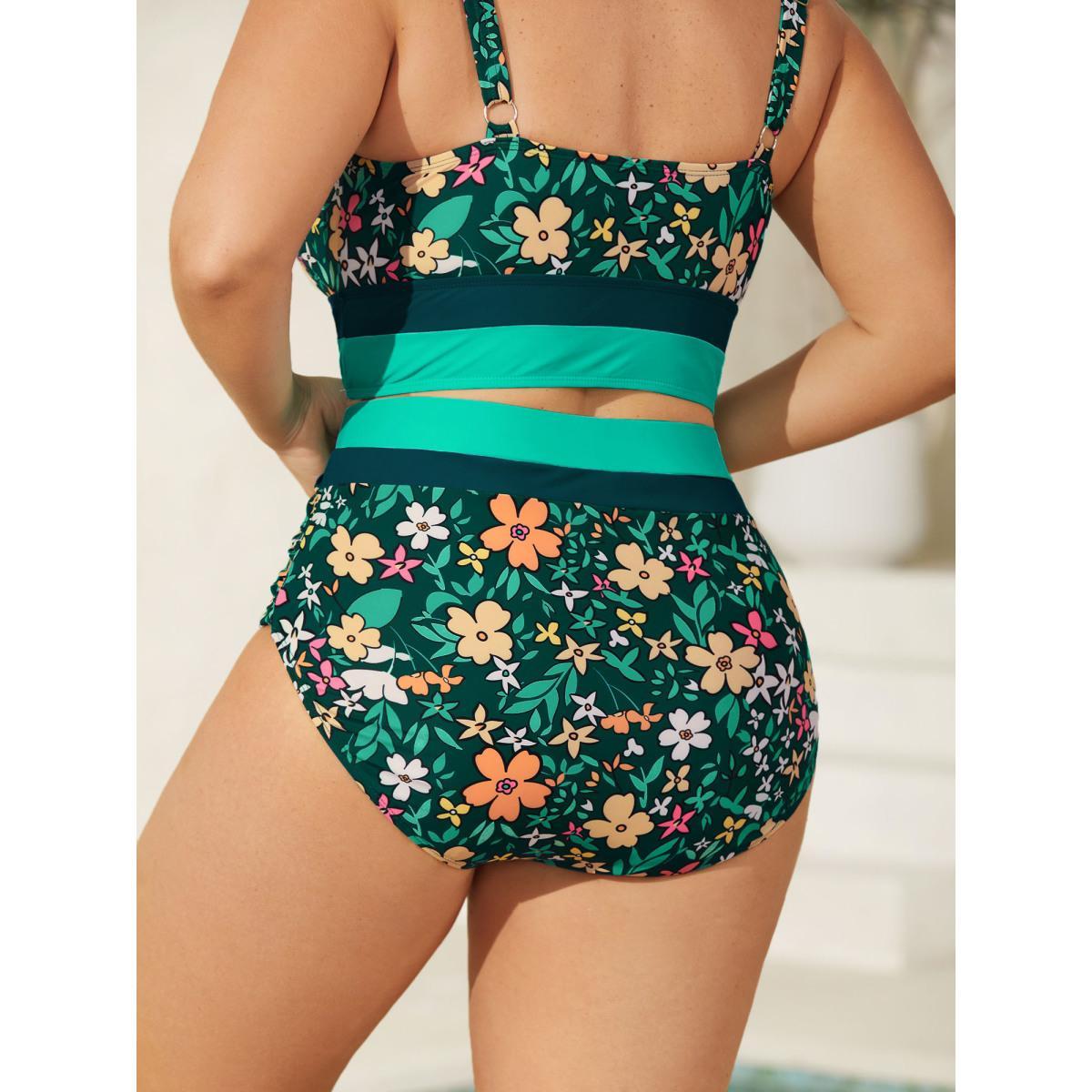 Plus Size Floral Print Color Contrast Swim Bottoms Women's Swimwear Aegean Beach Contrast High stretch Skinny High Rise Curve Swim Bottoms BloomChic 12/L Product Image