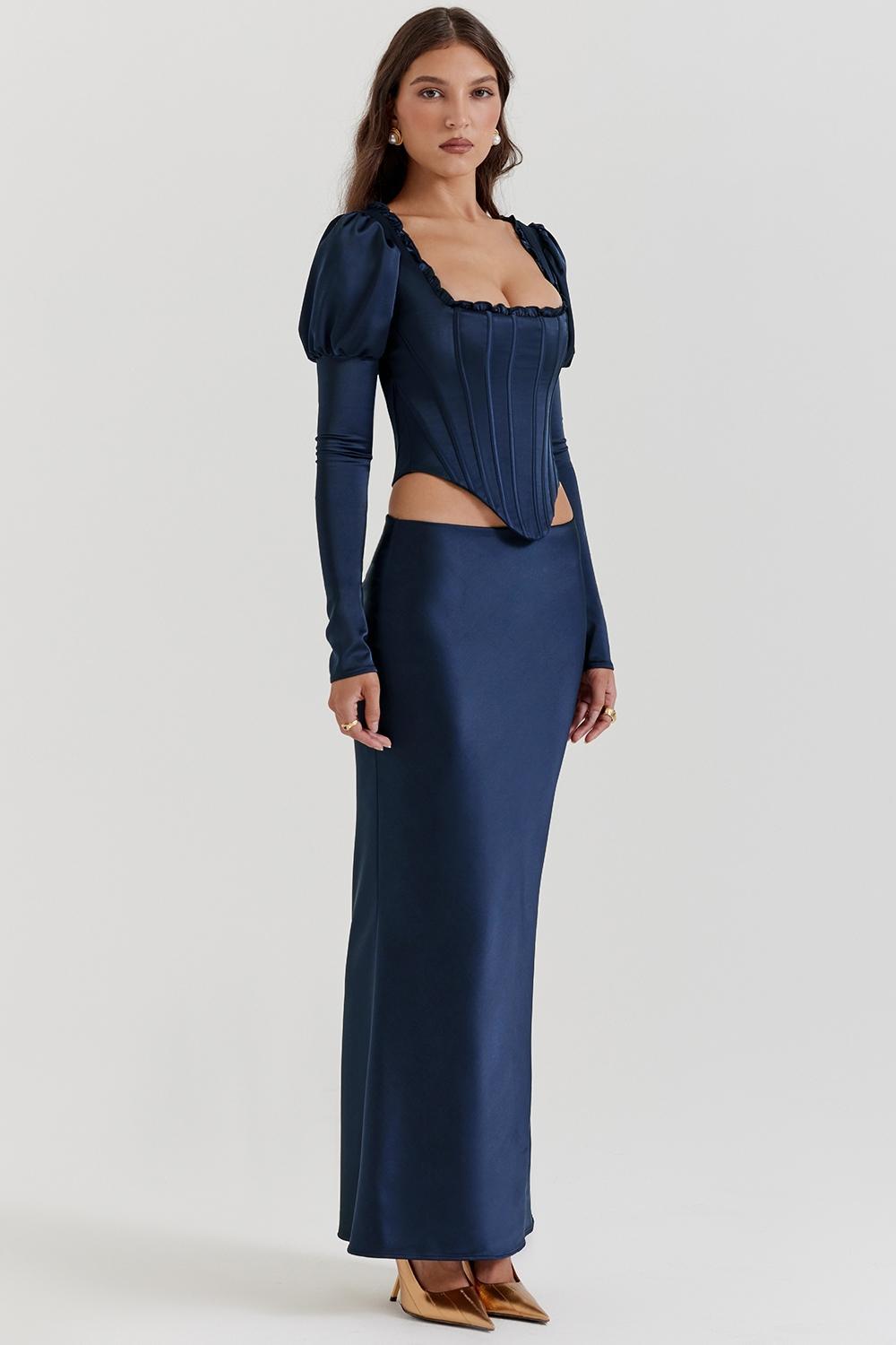 Charlene  navy satin bias cut maxi skirt - sale Product Image