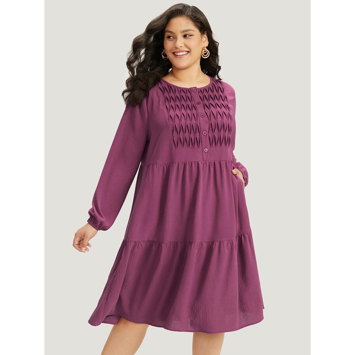 Plus Size Plain Plicated Detail Layered Hem Dress RedViolet Women Elegant Elastic cuffs Round Neck Long Sleeve Curvy Midi Dress BloomChic 30/6X Product Image