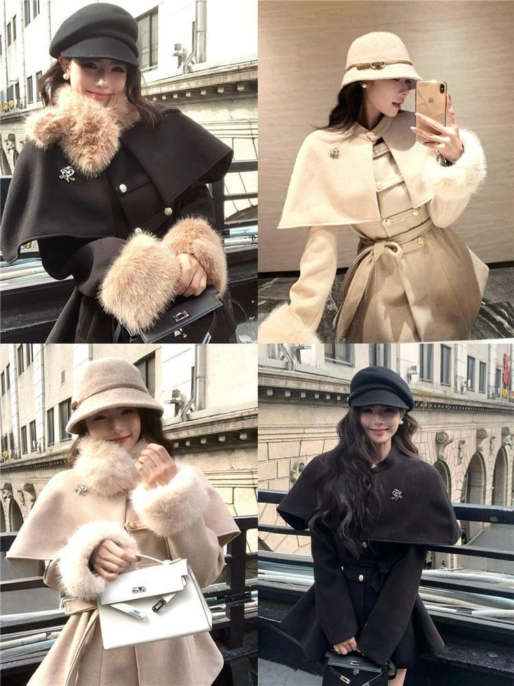Detachable Cape-Sleeve Furry-Trim Wool Coat with Sash Product Image