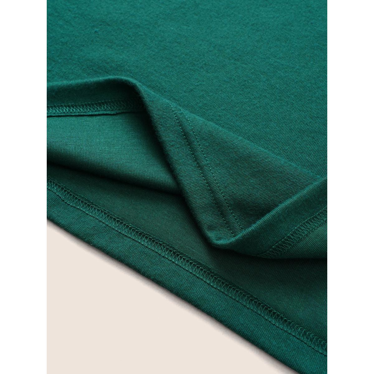 Plus Size Solid Plants Guipure Lace Gathered T-shirt DarkGreen Women Elegant Plain Plain Round Neck Dailywear T-shirts BloomChic 12/L Product Image
