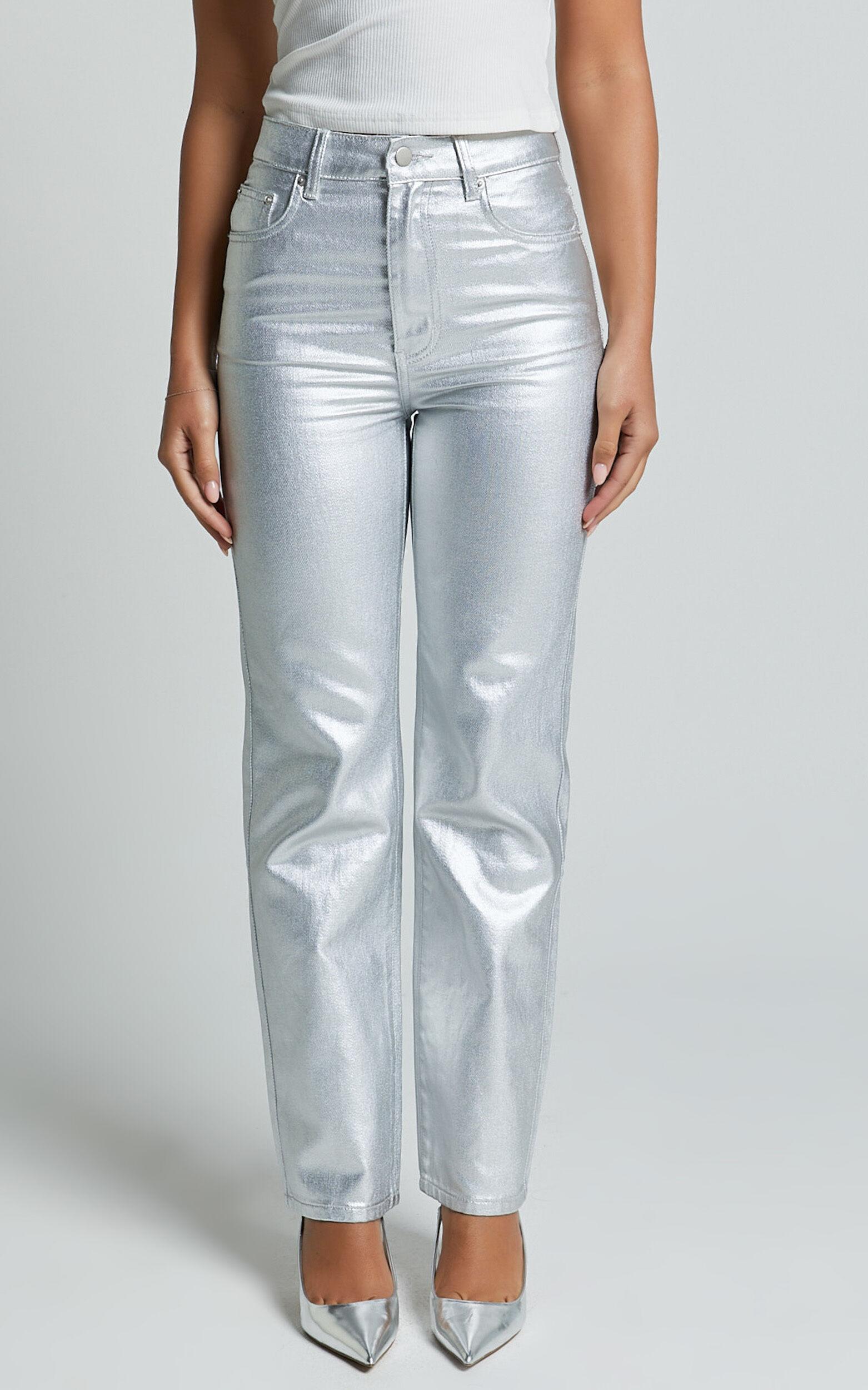 Addison Jeans - High Waisted Metallic Jeans in Silver Product Image