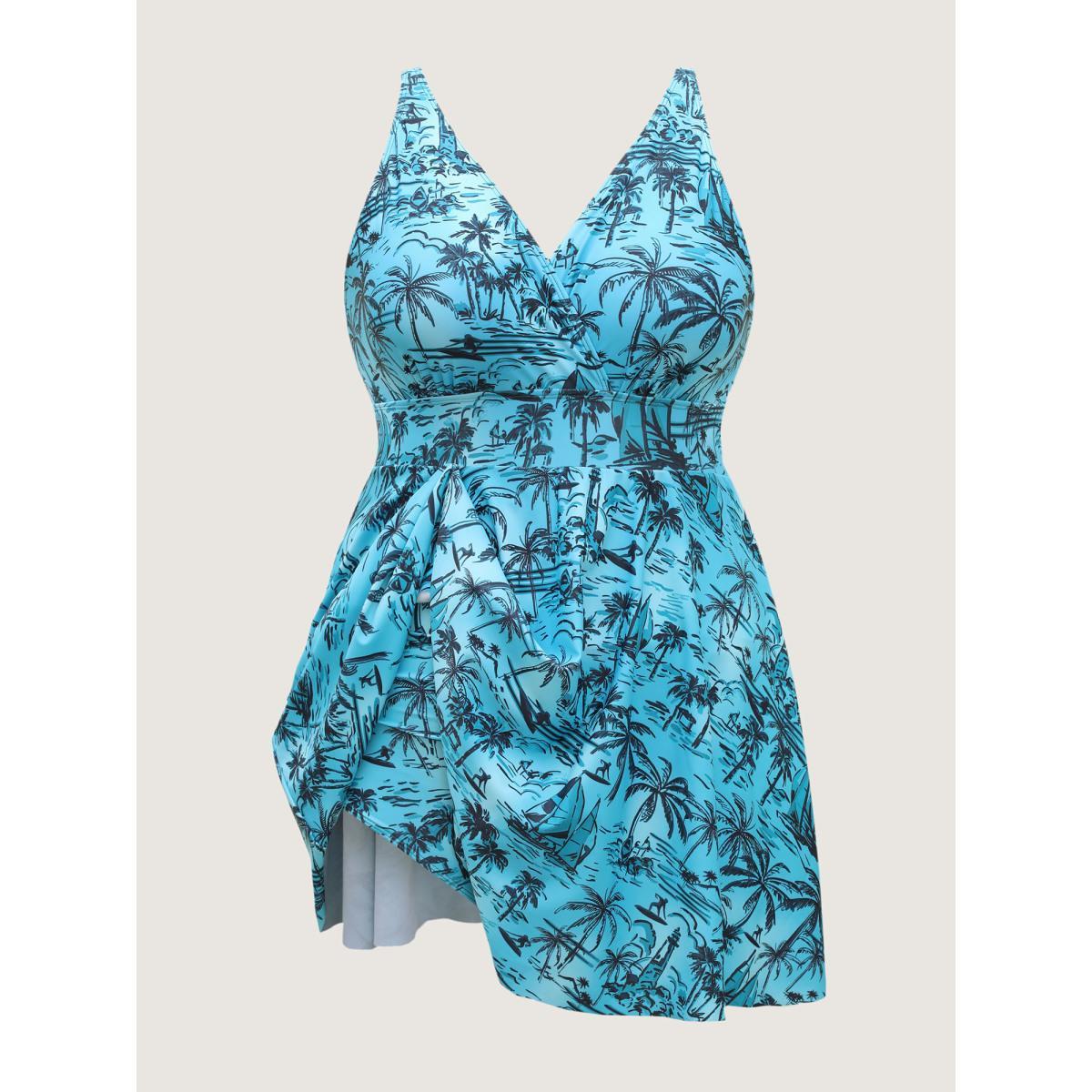 Plus Size Anti Float Tie Tropical Print Swim Dress Women's Swimwear Teal Beach Bodycon Overlap Collar High stretch Curve Swim Dresses BloomChic 12/L Product Image