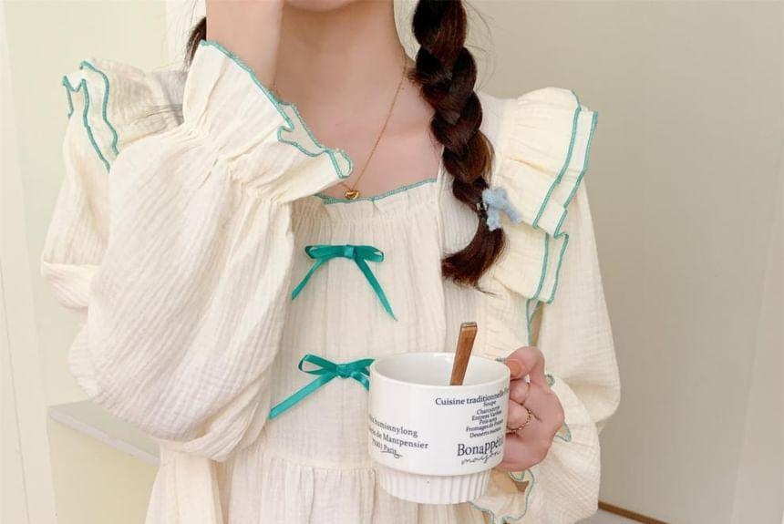 Long Sleeve Square Neck Bow Ruffle Pajama Dress Product Image