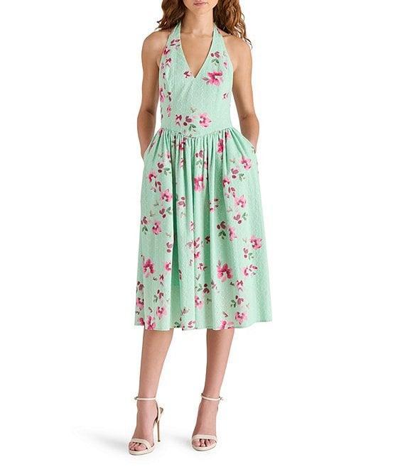 Steve Madden Ressi Floral Print Halter Tie V-Neck Sleeveless Eyelet Midi Dress Product Image