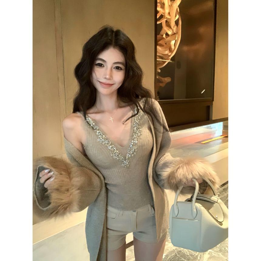 Plain Fluffy Trim Open Front Cardigan / V-Neck Rhinestone Ribbed Cami Top Product Image