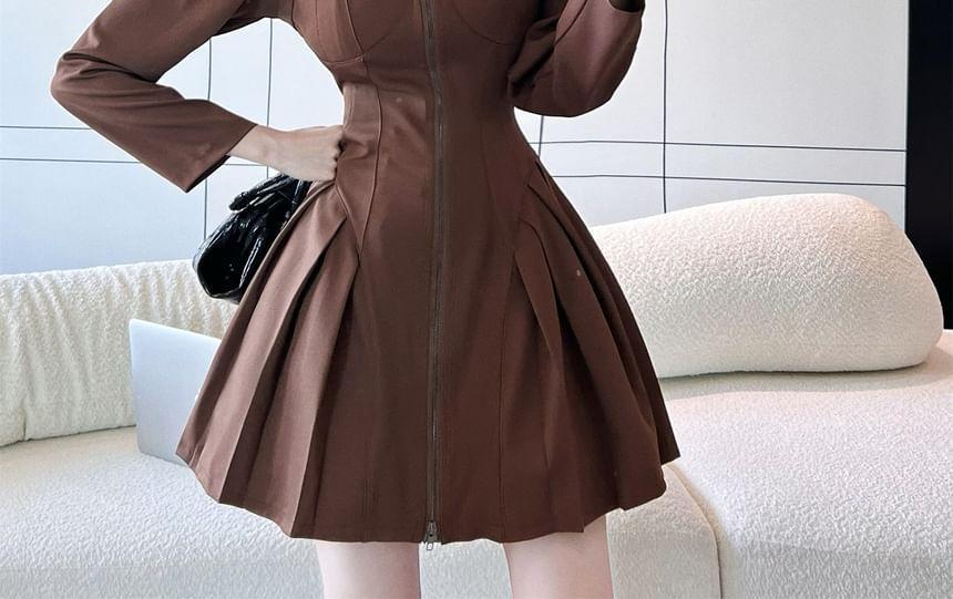 Long-Sleeve Square Neck Zip-Up Plain Mini A-Line Dress Product Image