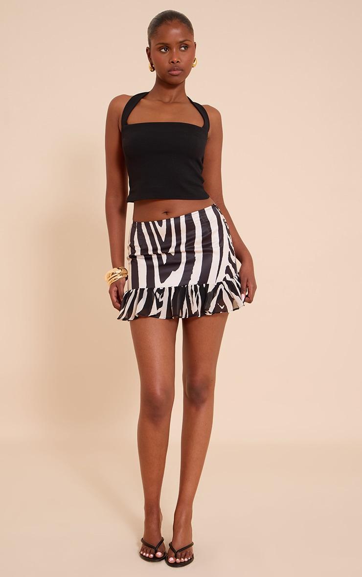 Black Satin Printed Chiffon Frill Hem Mini Skirt Product Image