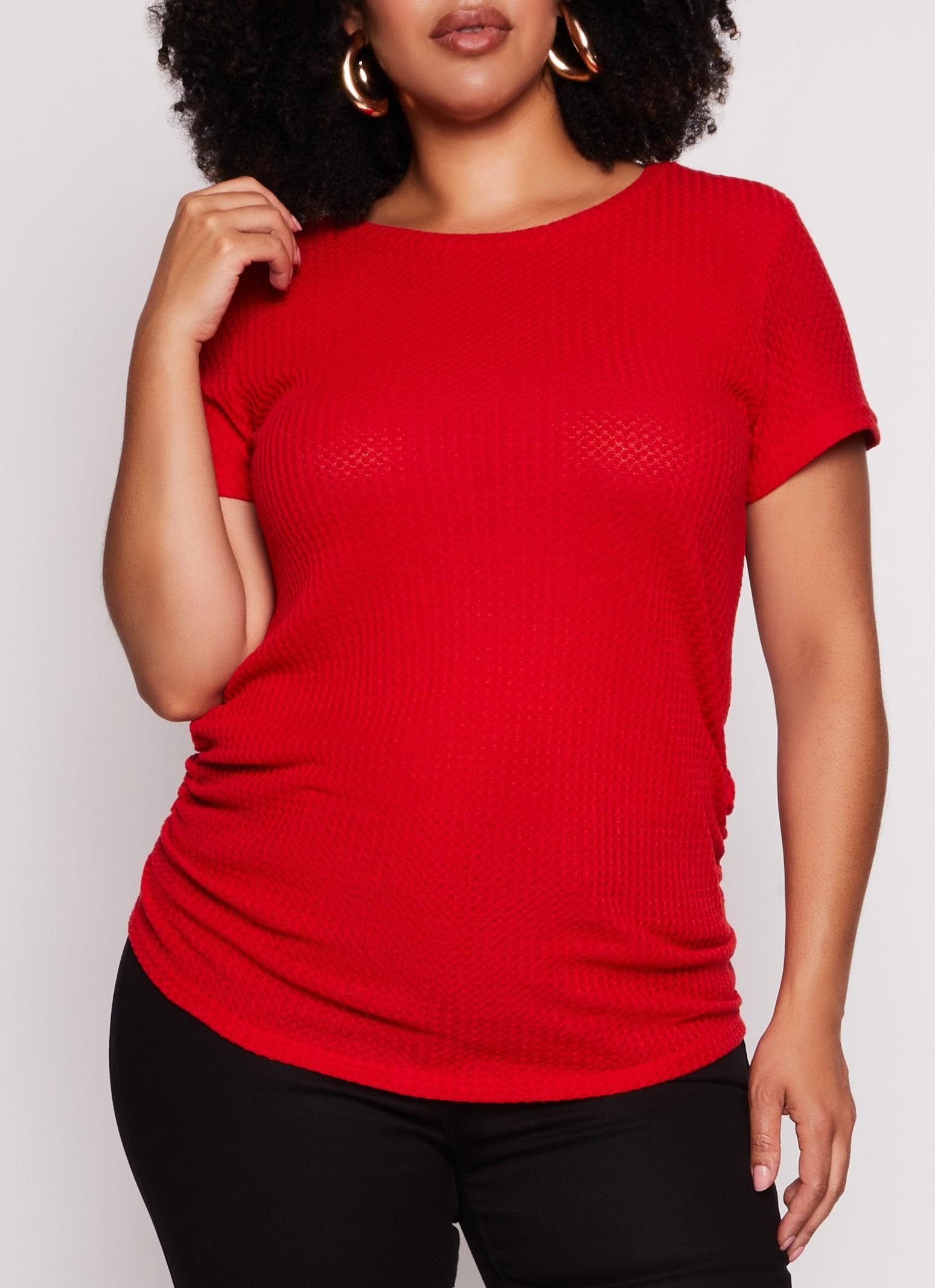 Womens Plus Size Waffle Knit Crew Neck Ruched Tee Product Image