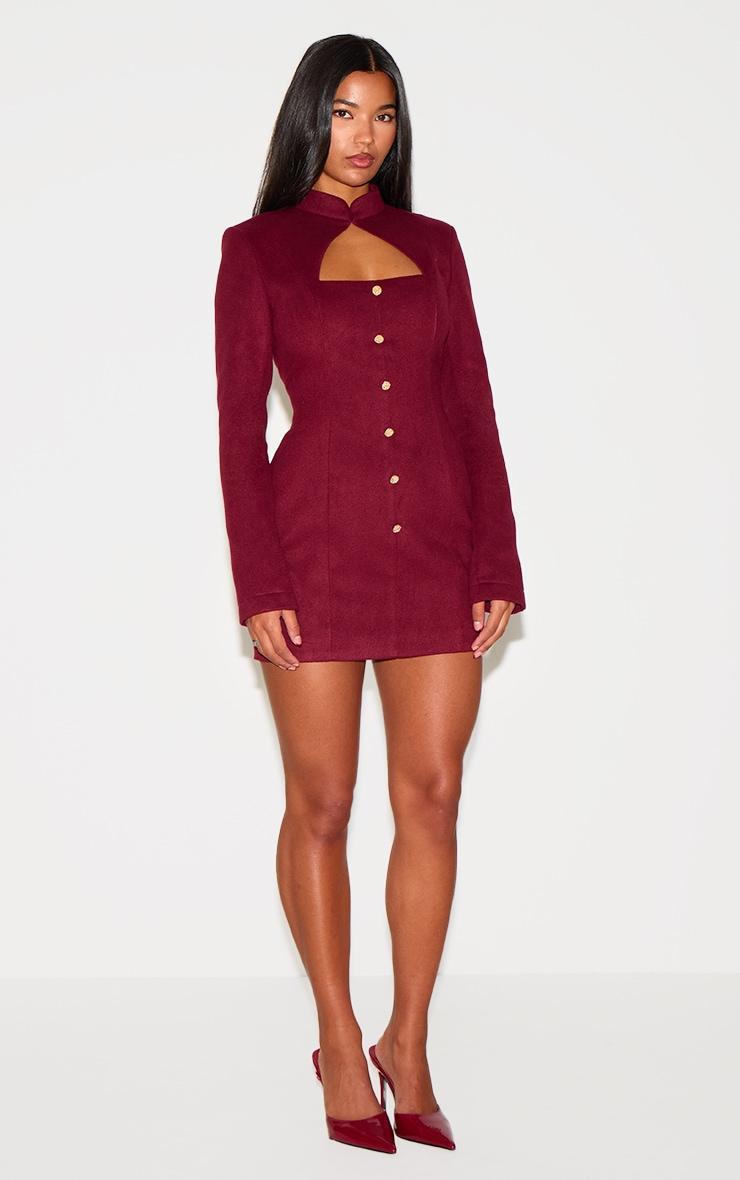Burgundy Brushed Woven Long Sleeve Button Detail Mini Dress Product Image