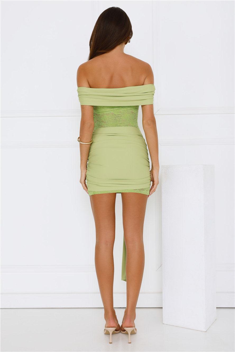 Moon Lady Off Shoulder Lace Mini Dress Green Product Image