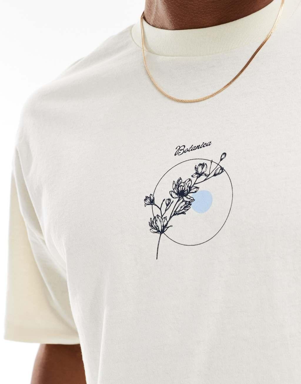 Selected Homme oversized T-shirt with botanical chest print in white Product Image