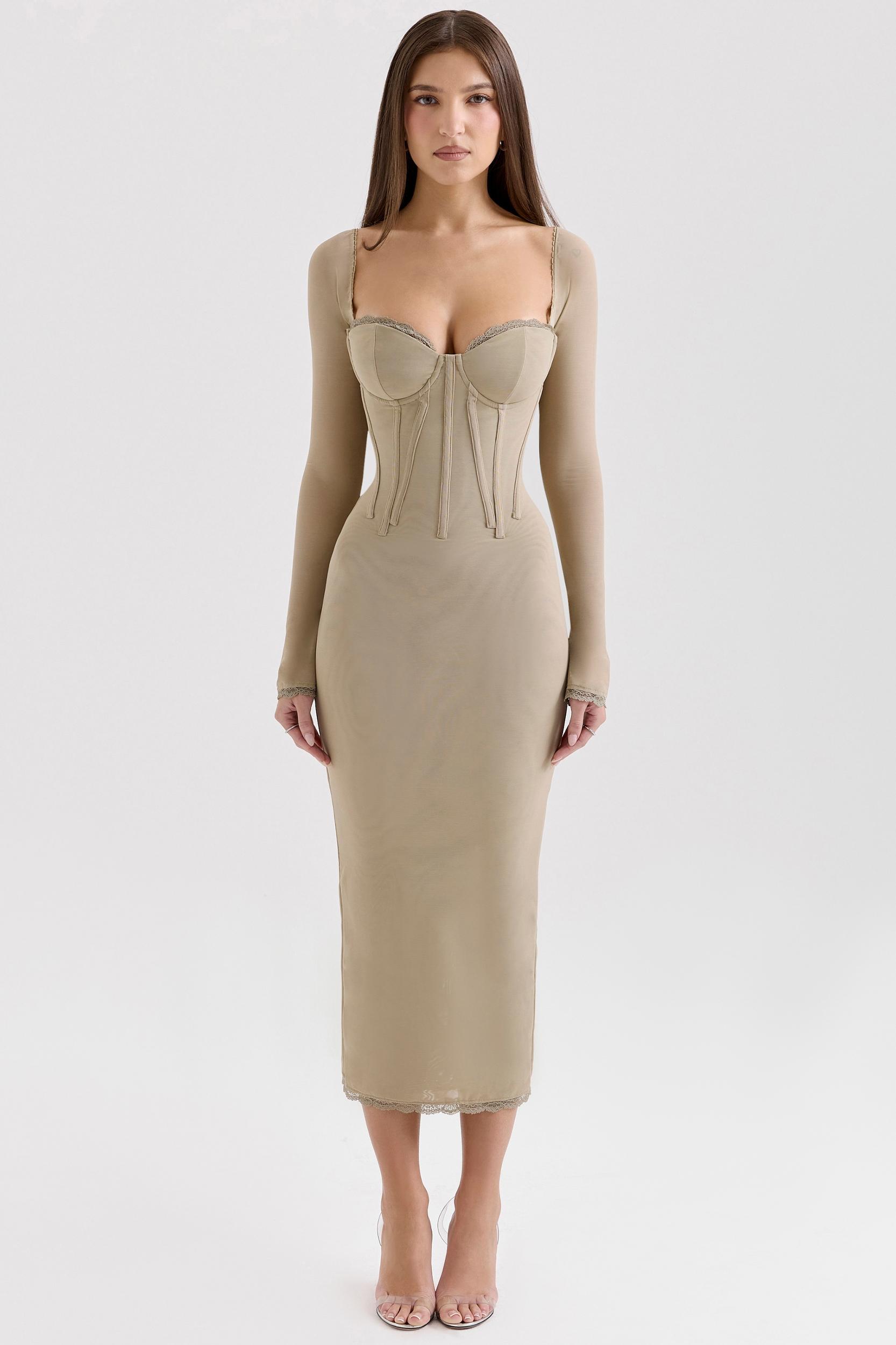 Saisha  beige mesh long sleeve bodycon midi dress Product Image
