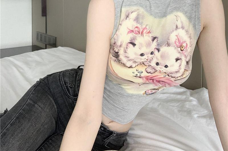Mock Neck Cat Print Slim Fit Crop Top (Various Designs) Product Image