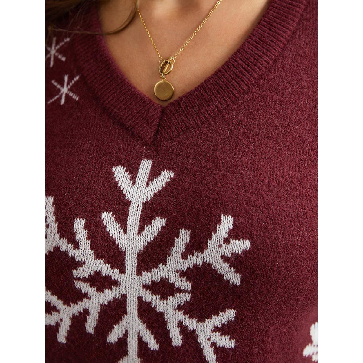 Plus Size Anti-Pilling Snowflake Print Pullover Scarlet Women Casual Loose Long Sleeve V-neck Dailywear Pullovers BloomChic 28/5X Product Image