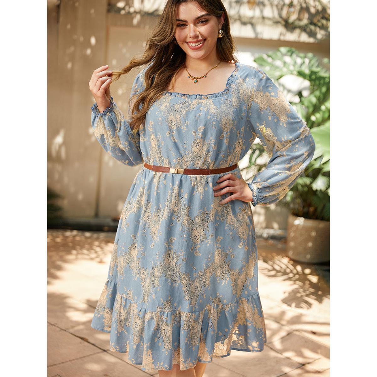 Plus Size Contrast Lace Panel Frill Trim Lantern Sleeve Dress Aegean Women Vacation Elastic cuffs Square Neck Long Sleeve Curvy Midi Dress BloomChic 28/5X Product Image