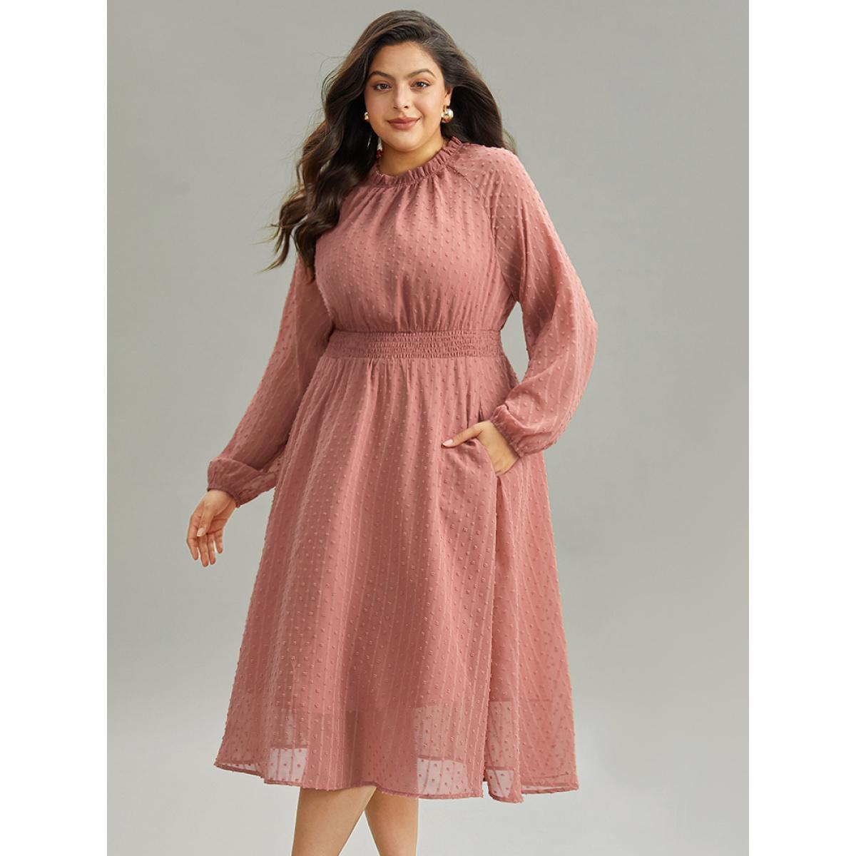 Plus Size Polka Dot Shirred Mock Neck Dress DustyPink Women Elegant Elastic cuffs Mock Neck Long Sleeve Curvy Midi Dress BloomChic 14-16/1X Product Image