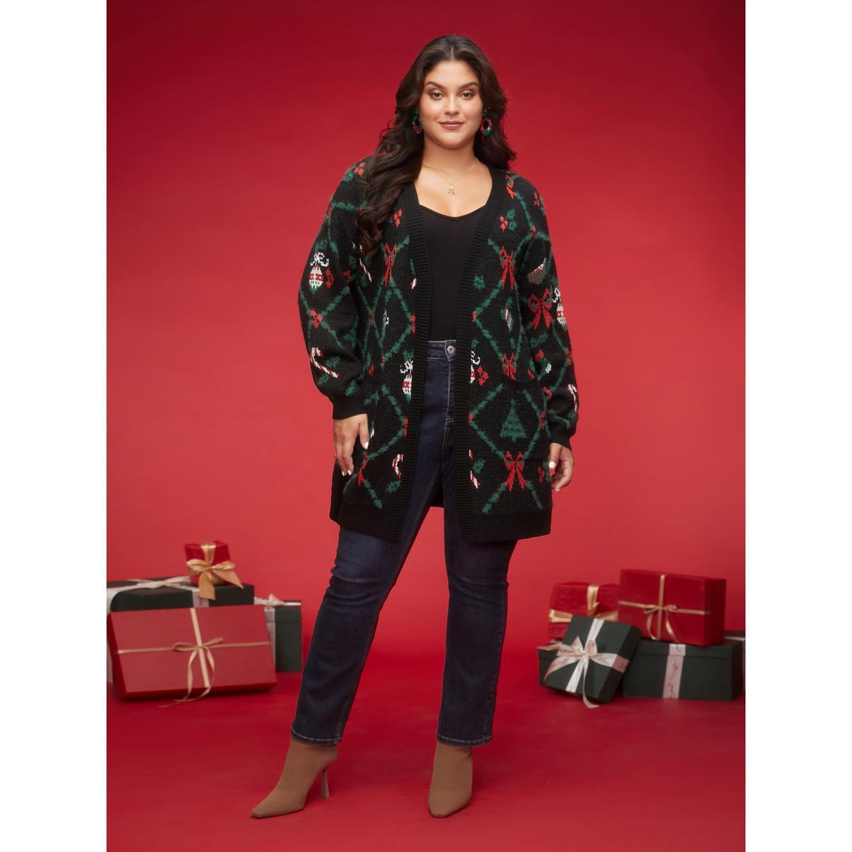 Plus Size Festive Plaid Pattern Open-Front Cardigan Black Women Casual Loose Long Sleeve Everyday Cardigans BloomChic 12/L Product Image