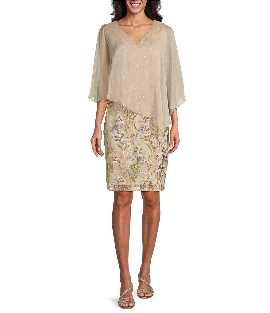 Ignite Evenings V-Neck Embroidered Sequin Chiffon Overlay Sheath Dress Product Image