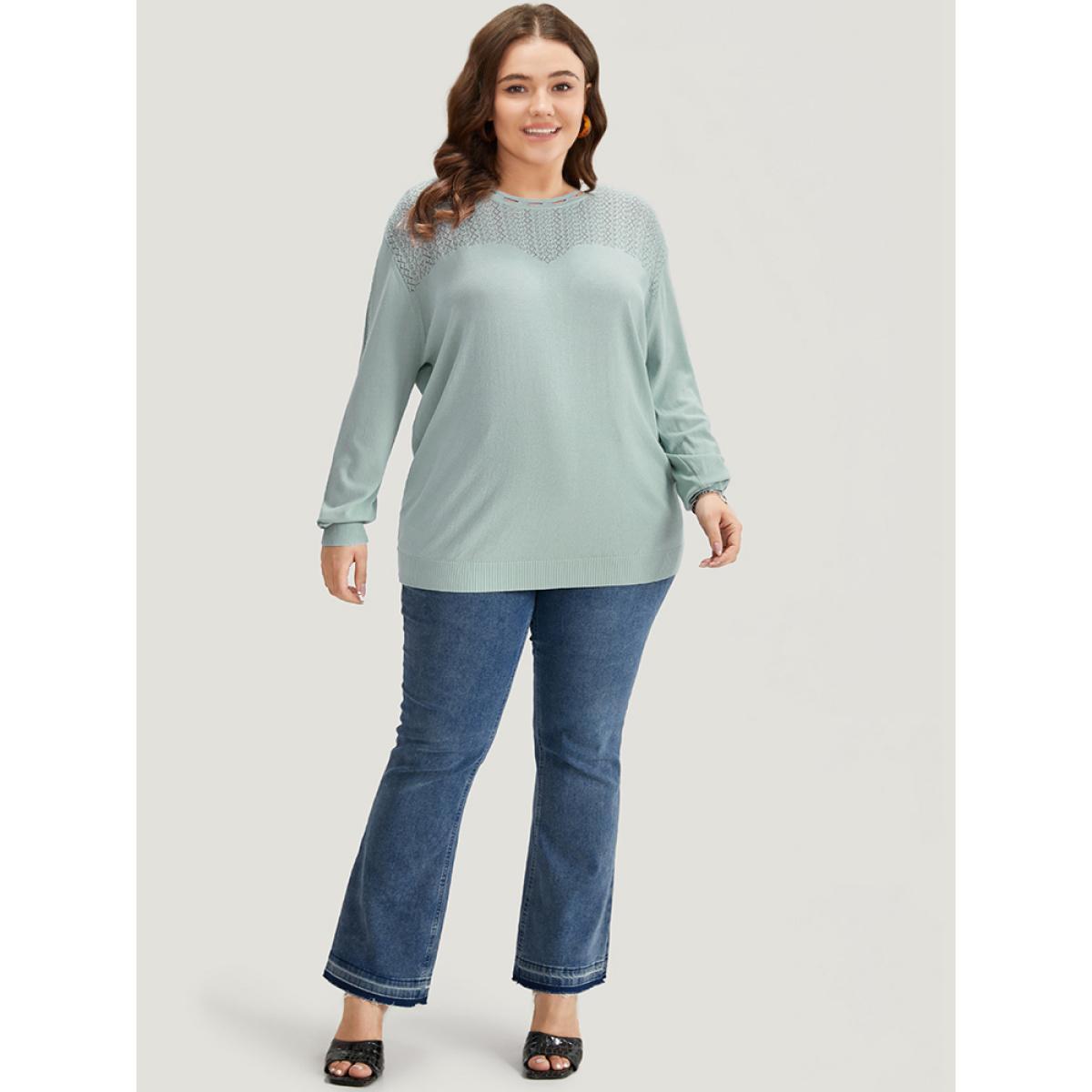 Plus Size Plain Eyelet Patchwork Drop Shoulder Pullover LightBlue Women Casual Loose Long Sleeve Round Neck Dailywear Pullovers BloomChic 22-24/3X Product Image