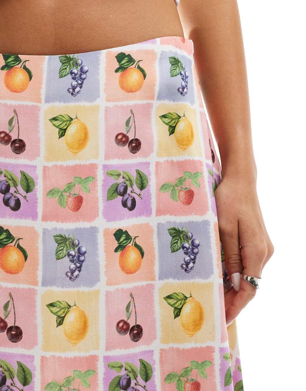 ASOS DESIGN linen mix maxi skirt in tile fruit print Product Image